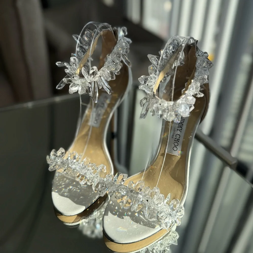 New Jimmy Choo White Maisel 100 Crystal Embellished Leather Sandals 38
